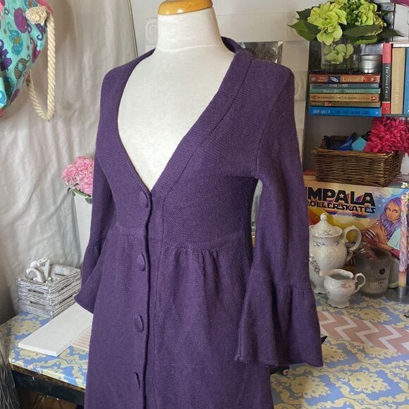 🌷 Lo Ri 🌷 Smoky Purple Button Up Flare Sleeve Cardigan Dress Vintage - Picture 2 of 7